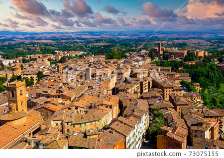Siena beautiful medieval town in Tuscany, Dome and Bell tower of Siena Cathedral, Old Town medieval city of Siena, Tuscany, Italy 73075155