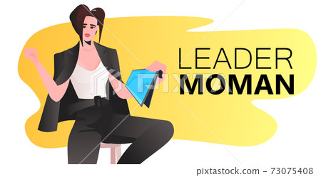 businesswoman leader in formal wear sitting on stool successful business woman using tablet pc 73075408