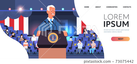 male president democrat winner of United States presidential election man giving speech from tribune male president democrat winner of United States presidential election man giving speech from tribune 73075442