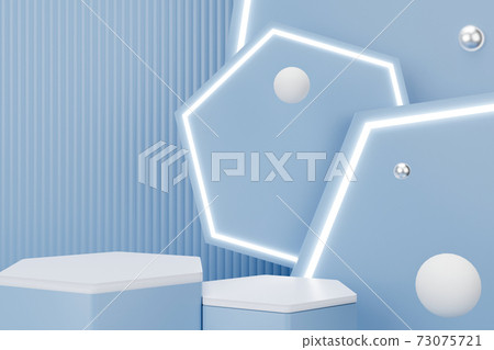 3d rendering light blue hexagon podium with white neon light and sphere. 3d rendering light blue hexagon podium with white neon light and sphere. 73075721