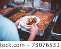 Homeless and needy people receive help, receive food from volunteers 73076531