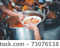 Homeless and needy people receive help, receive food from volunteers 73076538