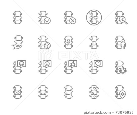 Set of human spine line icon. Healthy vertebral column, spinal canal illness diagnosis, treatment and more. 73076955