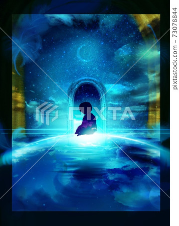 A boy sitting on a planet of the blue shining sea and a mysterious landscape of the night sky melting in water 73078844