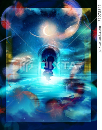 A girl with a stuffed rabbit standing alone on a blue shining sea planet and a mysterious landscape of the night sky melting in water 73078845