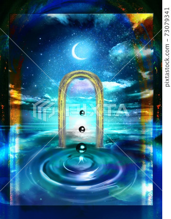 A mysterious blue sky landscape where the blue night sky is reflected on the surface of the water and can be seen beyond the golden arch A mysterious blue sky landscape where the blue night sky is reflected on the surface of the water and can be seen beyond the golden arch 73079341