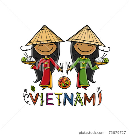 Vietnamese traditional food. Online menu logo. Women in traditional dress with food. Sketch for your design. Vietnamese traditional food. Online menu logo. Women in traditional dress with food. Sketch for your design. 73079727