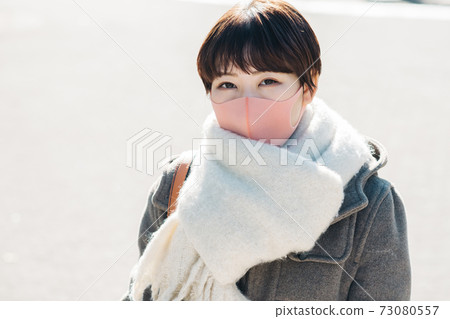 Winter woman wearing a coat, scarf and mask Winter woman wearing a coat, scarf and mask 73080557