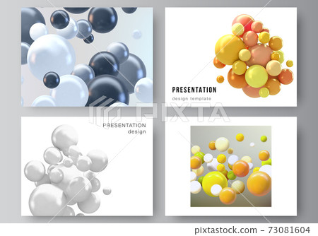 Vector layout of the presentation slides design business templates, multipurpose template for presentation brochure, report. Realistic vector background with multicolored 3d spheres, bubbles, balls. 73081604