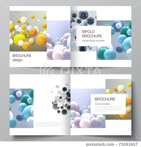 Vector layout of two covers templates for square bifold brochure, flyer, magazine, cover design, book design, brochure cover. Realistic vector background with multicolored 3d spheres, bubbles, balls. Vector layout of two covers templates for square bifold brochure, flyer, magazine, cover design, book design, brochure cover. Realistic vector background with multicolored 3d spheres, bubbles, balls. 73081607