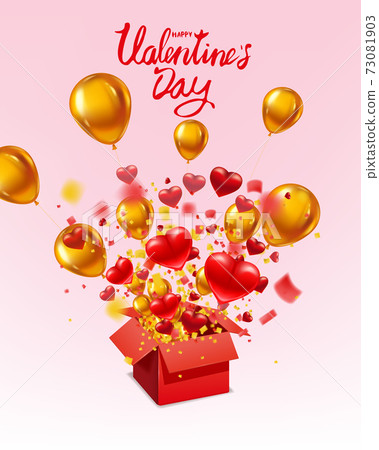 Happy Valentines day gift box open present with flying hearts, ballons gold and bright rays of light, burst explosion. Happy Valentines day gift box. Vector illustration poster, banner, card, isolated 73081903