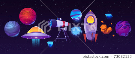 Space exploring icons, planets, rocket, telescope Space exploring icons, planets, rocket, telescope 73082133