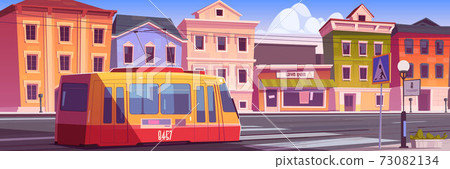 Tram riding on retro city street vintage cityscape Tram riding on retro city street vintage cityscape 73082134
