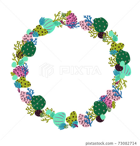 Abstract round frame made of flowers, corals and branches. Marine plants. Vector wreath. Abstract round frame made of flowers, corals and branches. Marine plants. Vector wreath. 73082714