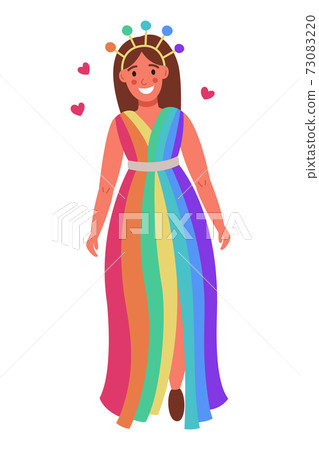 Lesbian parade. LGBT people hold a rainbow flag. Vector illustration on white isolated background 73083220