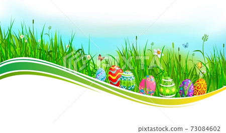Easter eggs with green grass and flower wave Easter eggs with green grass and flower wave 73084602