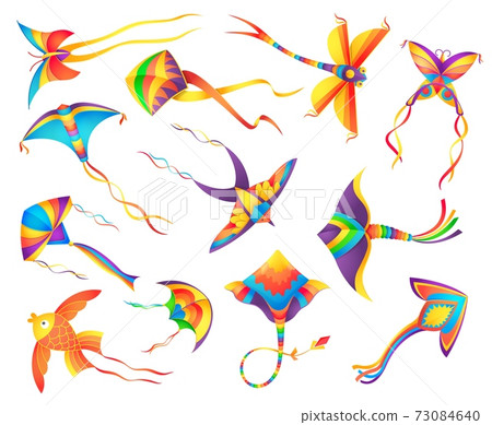 Flying paper kites decorated color ribbons vector 73084640