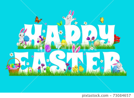 Happy Easter vector poster with cartoon rabbits 73084657