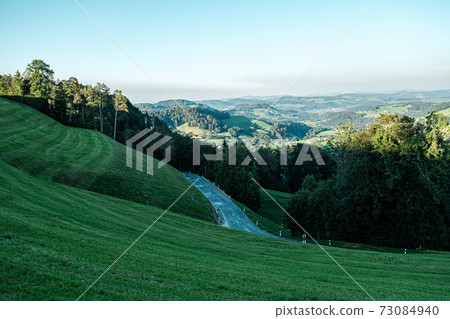 Panoramic view of idyllic mountain scenery in the Alps with fresh green meadows in summerday, Switzerland 73084940