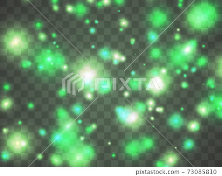 Glowing light on a transparent background. Glowing particles green color, magic glow. Sparkling light. Star dust. Design a template for banner, poster and greeting cards. Vector illustration Glowing light on a transparent background. Glowing particles green color, magic glow. Sparkling light. Star dust. Design a template for banner, poster and greeting cards. Vector illustration 73085810