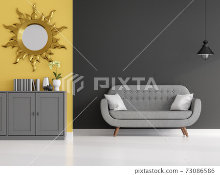 Dark gray and yellow wall living room 3d render Dark gray and yellow wall living room 3d render 73086586