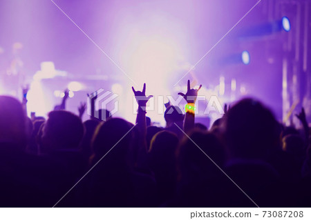 People with hands up at scene on event party entertainment concert. 73087208