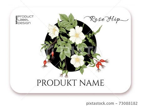 Rose hips with flowers and berries. Template for product label, cosmetic packaging. 73088182