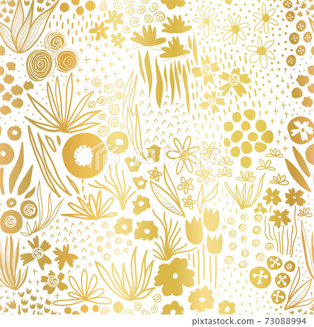 Metallic gold foil flower field on white seamless vector pattern. Repeating golden liberty doodle Metallic gold foil flower field on white seamless vector pattern. Repeating golden liberty doodle 73088994