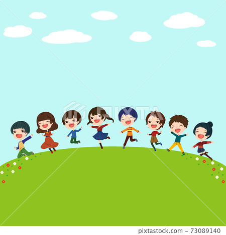 Illustration of eight children jumping in the meadow in the blue sky 73089140