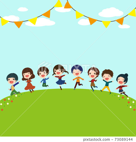 Illustration of eight children jumping in the meadow in the blue sky 73089144