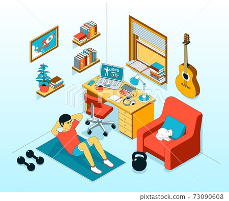 Home abs exercise - crunch in work room. Home Workout. Home abs exercise - crunch in work room. Home Workout. 73090608