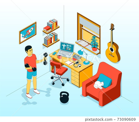 Home exercise with dumbbell. Workout in home workplace. Home exercise with dumbbell. Workout in home workplace. 73090609