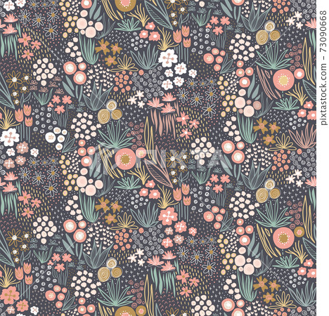 Flower field pastel colors on dark seamless vector pattern. Repeating liberty doodle flower meadow Flower field pastel colors on dark seamless vector pattern. Repeating liberty doodle flower meadow 73090668