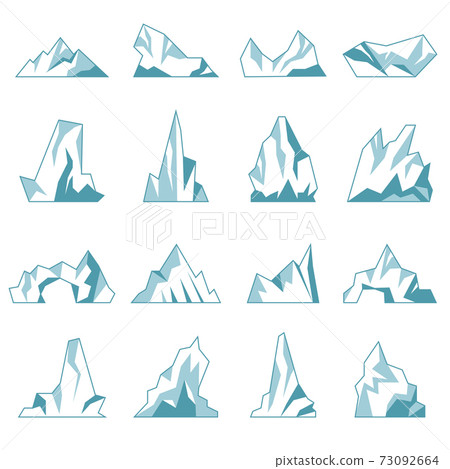 Iceberg. North pole hills winter mountains in ocean freezing ice rock snow recent vector collection Iceberg. North pole hills winter mountains in ocean freezing ice rock snow recent vector collection 73092664