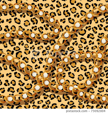 Tiger skin with gold chains and pearls seamless pattern. Yellow cat spots with black jaguar scheme. 73092804