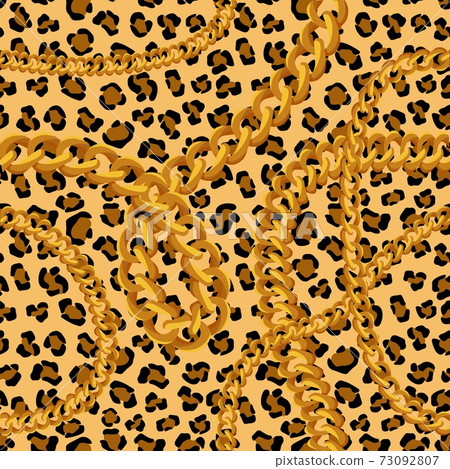 Panther skin with gold chains seamless pattern. Puma yellow spots with black jaguar scheme. 73092807