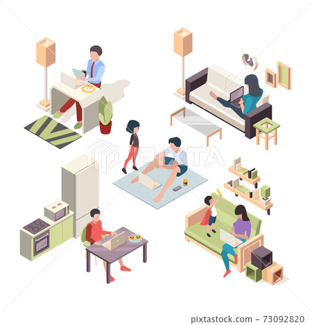 Work at home isometric. People working at laptop sitting on comfortable places freelancers remote garish vector set Work at home isometric. People working at laptop sitting on comfortable places freelancers remote garish vector set 73092820