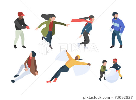 Winter people. Isometric characters in winter clothes walking enjoying xmas romantic season garish vector collection 73092827
