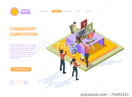 Cybersports. Gaming competition playing player sitting at desks with computers people isometric garish vector 3d landing illustration Cybersports. Gaming competition playing player sitting at desks with computers people isometric garish vector 3d landing illustration 73092831