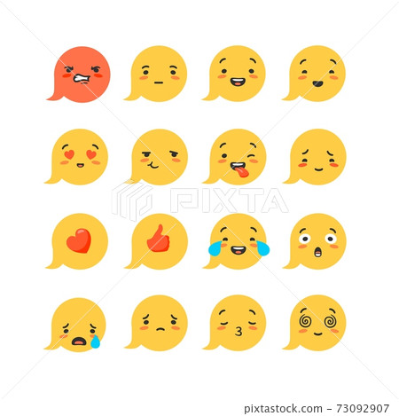 Emoticon cartoon set. Emotions characters red evil with heart joyful and sad faces expression of success. 73092907
