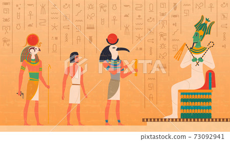 Egypt mural. Cultural ancient characters painting on wall historical egyptian background with gods osiris pharaoh anubis exact vector set 73092941