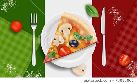 Italian cuisine banner. Pizza on plate, realistic basil tomatoes cutlery. Italy kitchen tasty food, restaurant cafe vector background 73093065