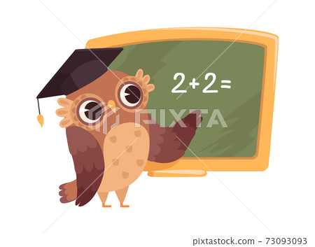 Teacher at blackboard. Isolated cartoon clever owl in university cap teaches counting. School or college study vector illustration Teacher at blackboard. Isolated cartoon clever owl in university cap teaches counting. School or college study vector illustration 73093093