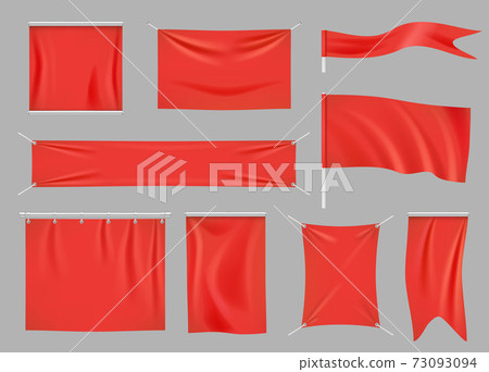 Colored fabric banners. Promotional flag decoration empty textile banners clothes texture vector set Colored fabric banners. Promotional flag decoration empty textile banners clothes texture vector set 73093094