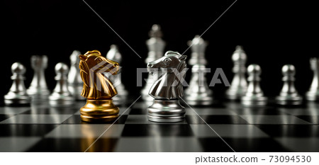 Golden and silver horse chess pieces Invite face to face and There are silver chess pieces in the background. Concept of competing, leadership and business vision for a win in business games Golden and silver horse chess pieces Invite face to face and There are silver chess pieces in the background. Concept of competing, leadership and business vision for a win in business games 73094530