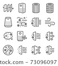 Air purifier icon illustration vector set. Contains such icons as Dust, Oxygen, Anti-bacteria, Air pollution, pm 2.5, Air filter, and more. Expanded Stroke 73096097