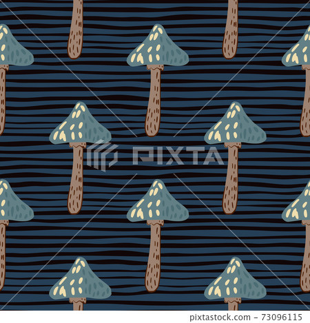 Dark seamless pattern with blue and brown mushroom ornament. Striped background. Dark seamless pattern with blue and brown mushroom ornament. Striped background. 73096115