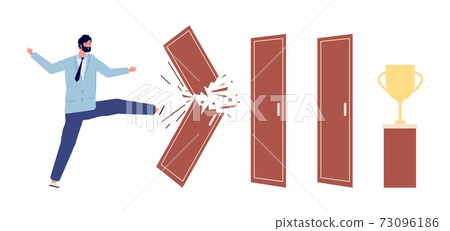 Man broken door. Way to success metaphor, work progress or overcoming obstacles. Businessman and troubles vector concept 73096186