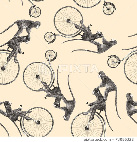 Beautiful vector stock seamless pattern with cute hand drawn monkey on bike pencil illustrations. Beautiful vector stock seamless pattern with cute hand drawn monkey on bike pencil illustrations. 73096328