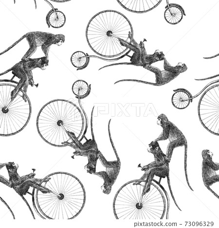 Beautiful vector stock seamless pattern with cute hand drawn monkey on bike pencil illustrations. Beautiful vector stock seamless pattern with cute hand drawn monkey on bike pencil illustrations. 73096329